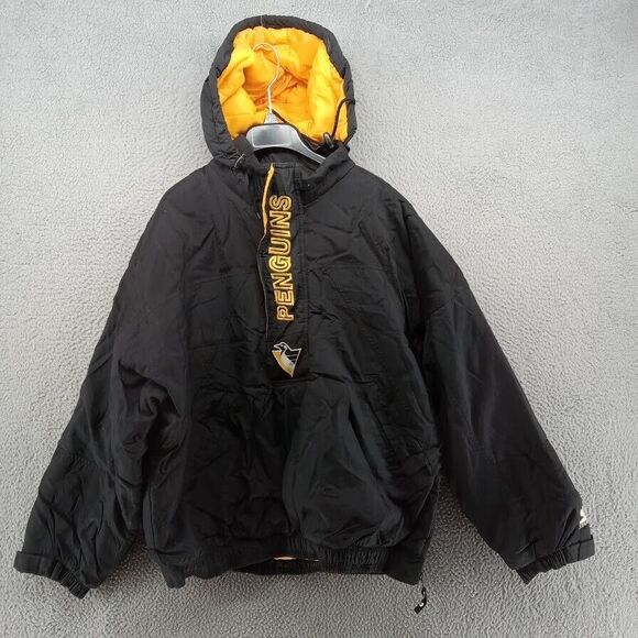 Vtg Pittsburgh Penguins Jacket‎ Mens Large Black Starter 1/2 Zip Embroidered